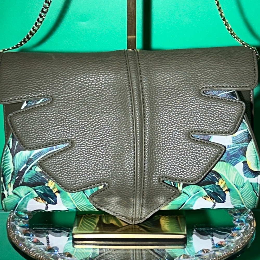 Charming Charlie Stylish Olive Green Floral Crossbody Bag 11” x 8” NWT